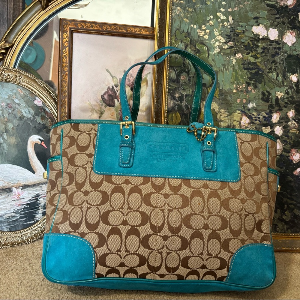 Coach Brown Signature Canvas Tote with Teal Leather Accents